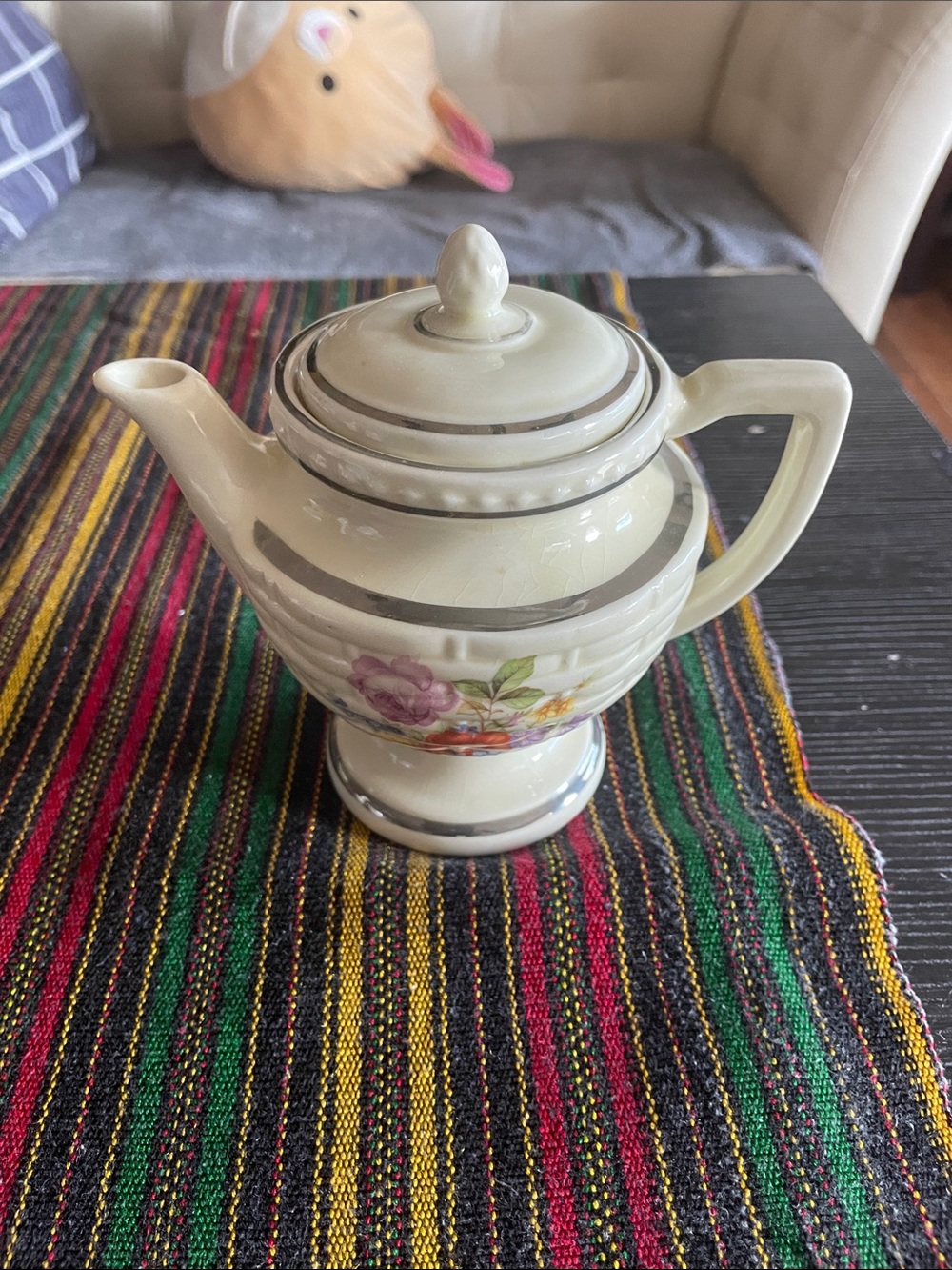 Cream Floral Ceramic Teapot with Silver Trim